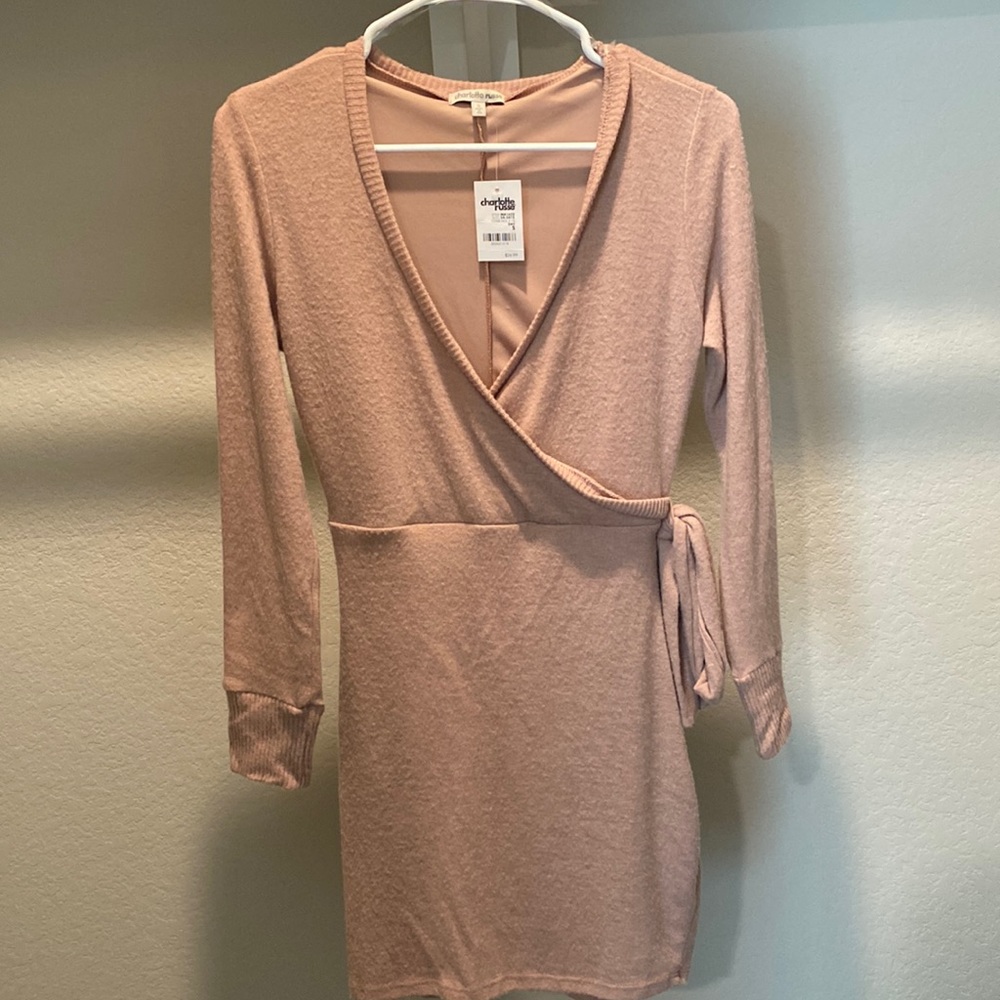 Rose Pink Cross Neck Sweater mini dress